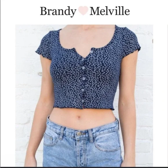 Brandy Melville Zelly Top Buttons Floral Navy Made In Italy Cropped Cottage - Picture 6 of 12
